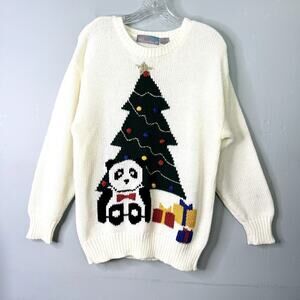 Vintage 80s Pinwheels Panda Bear Christmas Tree Cream Sweater Women's Size L